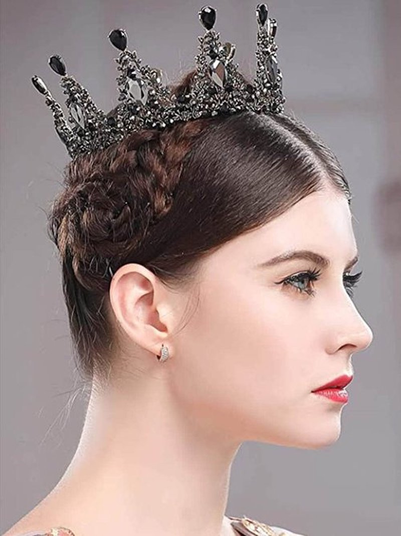 Yovic Baroque Wedding Crown Black Rhinestone Bridal Crowns and Tiaras Crystal Queen Crown Halloween Costume Hair Accessories for Women and Girls(Black-3)