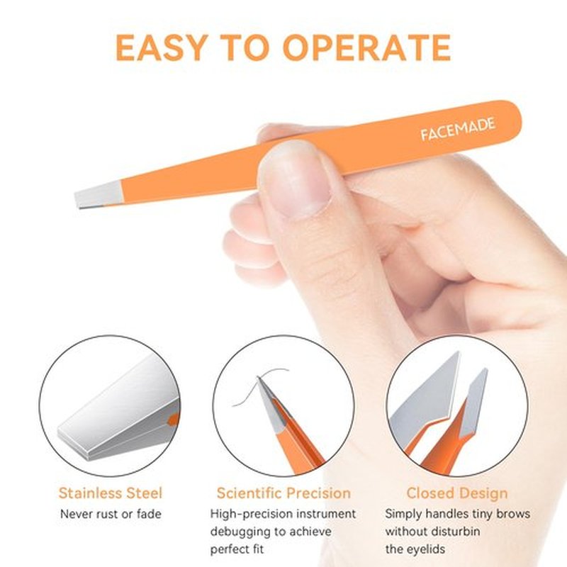 FACEMADE 4 Pack Tweezers Set - Professional Stainless Steel Tweezers for Men and Women, Precision Eyebrow Tweezers for Facial Hair, Chin, and Ingrown Hair Removal (Orange)