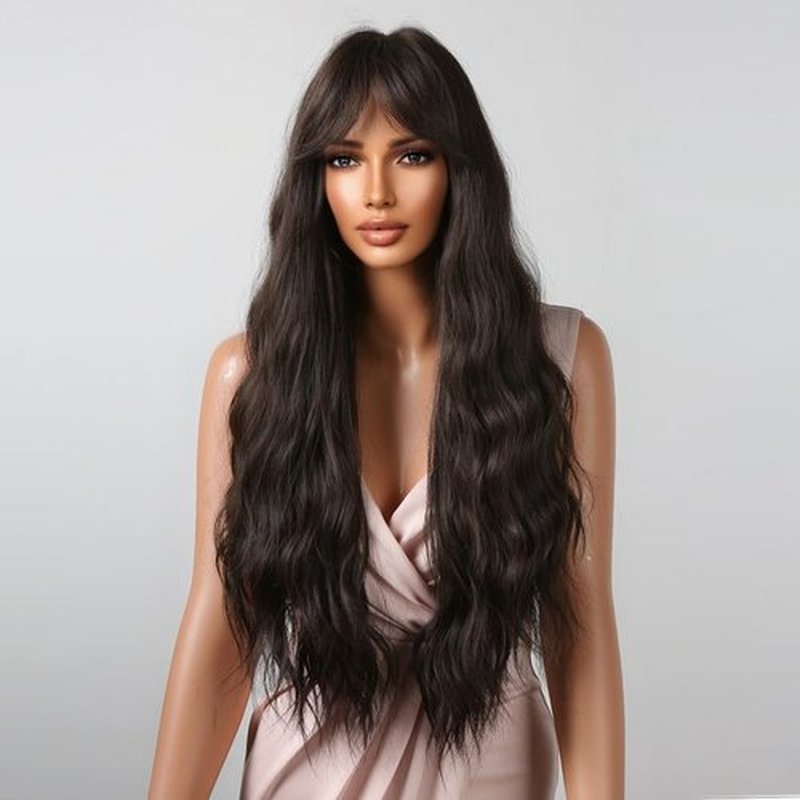 WTHCOS Long Black Brown Wig for Women Long Curly Wavy Dark Brown Wig With Bangs Silky Full Heat Resistant Synthetic Wig with Wig Cap (Black Brown)