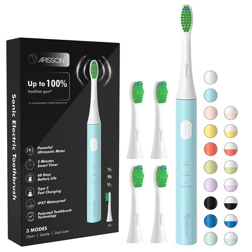 ARISSON Sonic Electric Toothbrush for Adults and Kids, 40,000 VPM Power Toothbrush, 1.5H Fast Charge Ultrasonic Electric Toothbrushes with 2 Minutes Smart Timer, White on Jet Stream