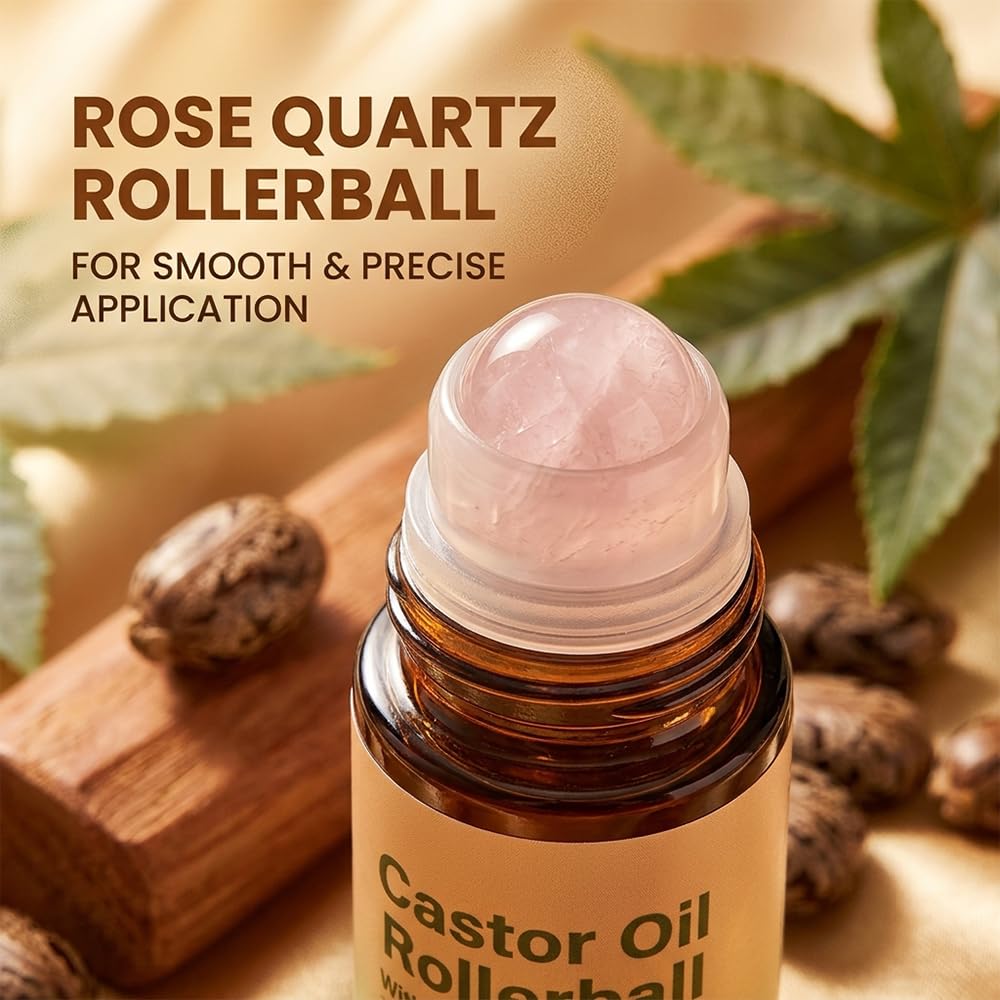 ROVIA 2 PCS Organic Castor Oil Roll On: 100% Cold Pressed Moisturizing Oil with Rose Quartz Roller - for Brows, Lashes, Dry Skin & Face, Travel Friendly Leakproof Roller Bottle