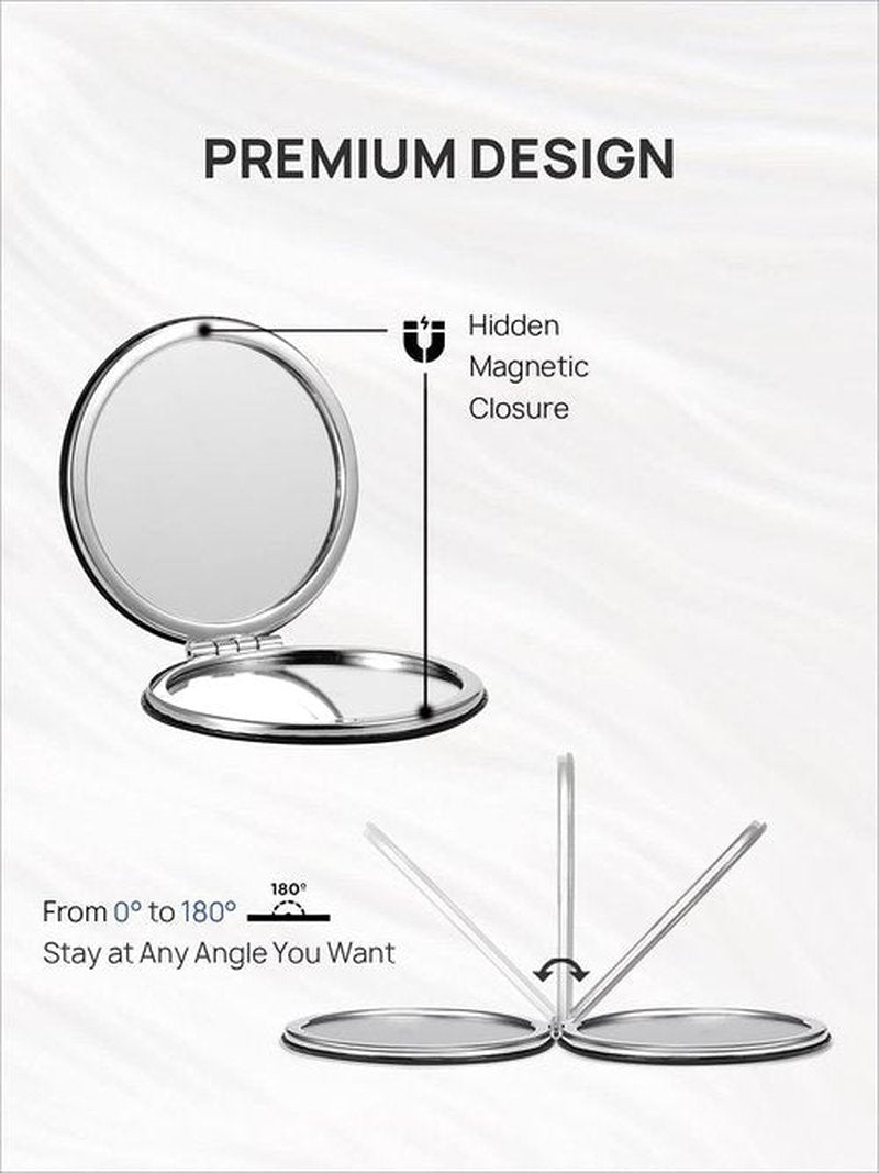 OMIRO 1X/10X(300R) Compact Magnifying Mirror, Unique Painting Pocket Mirror with Classical PU Leather (Round，Pink Flamingos)