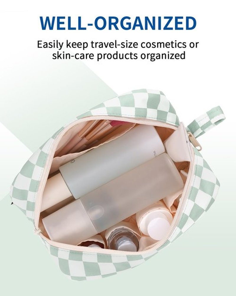 Narwey Checkered Makeup Bag Travel Cosmetic Bag Organizer Small Toiletry Bag Make Up Bags with Organized Pockets for Women (Mint Green Checkerboard, Large)