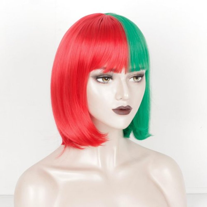 WeKen Red and Green Wig for Women Girls Short Bob Half Green Half Red Wig with Bangs for Women Cosplay Synthetic Wig Daily Party