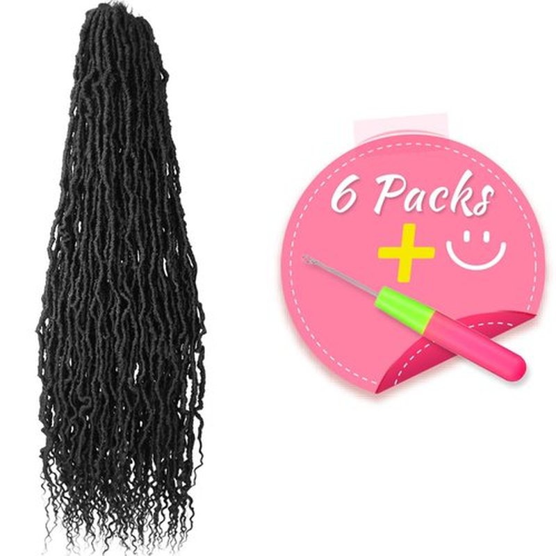 SERENDIPA Boho Faux Locs Curly End, 36 Inch Long Pre-Looped Soft Crochet Goddess Locs Synthetic Hair (6 Packs, 1B, Natural Black)