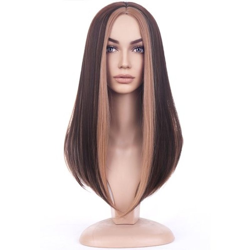 BERON Black and Blonde Long Wig for Women Straight Girls Brown Highlights Blonde Costume Hair Wigs Middle Part Heat Resistant Synthetic for Cosplay Party or Daily Use Wig