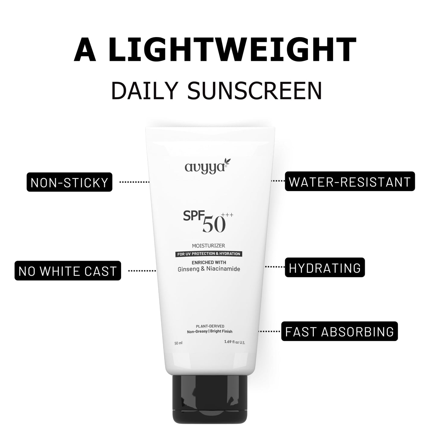 Avyya SPF 50+++ Moisturizer with Ginseng and Niacinamide for UV Protection and Hydration | Lightweight, Non-Greasy, No White Cast, Bright Finish (1.01 Fl Oz)