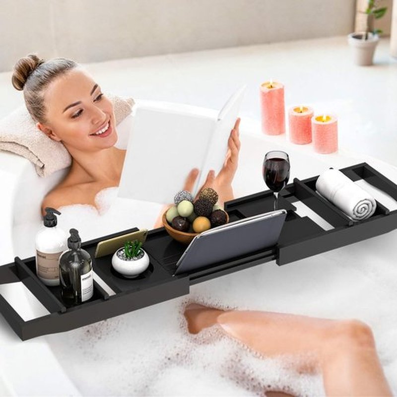 Domax Bathtub Caddy Tray Expandable Bamboo Tub Tray for Luxury Bath with Book Holder and Free Soap Dish Black