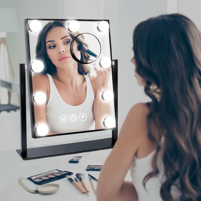 Fabuday Hollywood Vanity Makeup Mirror with Lights Lighted Desk Mirror with 9 Dimmable LED Bulbs, Cosmetic Light Up Mirror for Tabletop, Mirrors Enhanced by Electric Lights