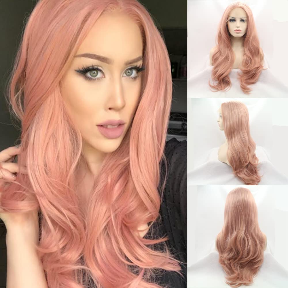Sylvia Peach Pink Lace Front Wigs Long Curly Wave Layered Dusty Pink Heat Safe Synthetic Hair Lace Front Wigs Decent Parting Space Transparent Lace for White Pale Scalp for Drag Queen…