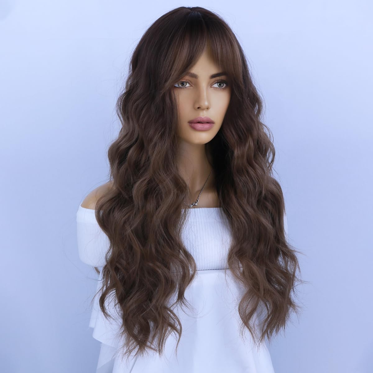 WTHCOS Brown Ombre Wig Long Wavy Hair Wig With Bangs for Women Mixed Brown Ombre Heat Resistant Synthetic Hair Wigs for Daily Use Cosplay Wig With Wig Cap