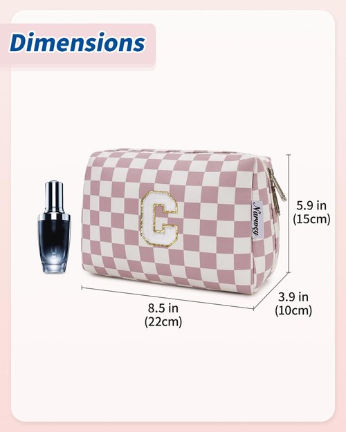 Narwey Personalized Initial Makeup Bag Toiletry Bag Gifts for Women Girls Large Checkered Makeup Bag Zipper Pouch Travel Cosmetic Bag Organizer for Women (Dusty Rose Checkerboard Letter C)