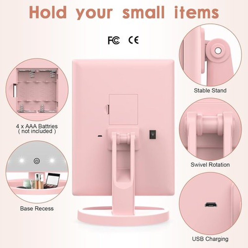 Flymiro Tri-fold Lighted Vanity Makeup Mirror with 3x/2x Magnification,21 LEDs Light and Touch Screen,180 Degree Free Rotation Countertop Cosmetic Mirror,Travel Makeup Mirror(Pink)