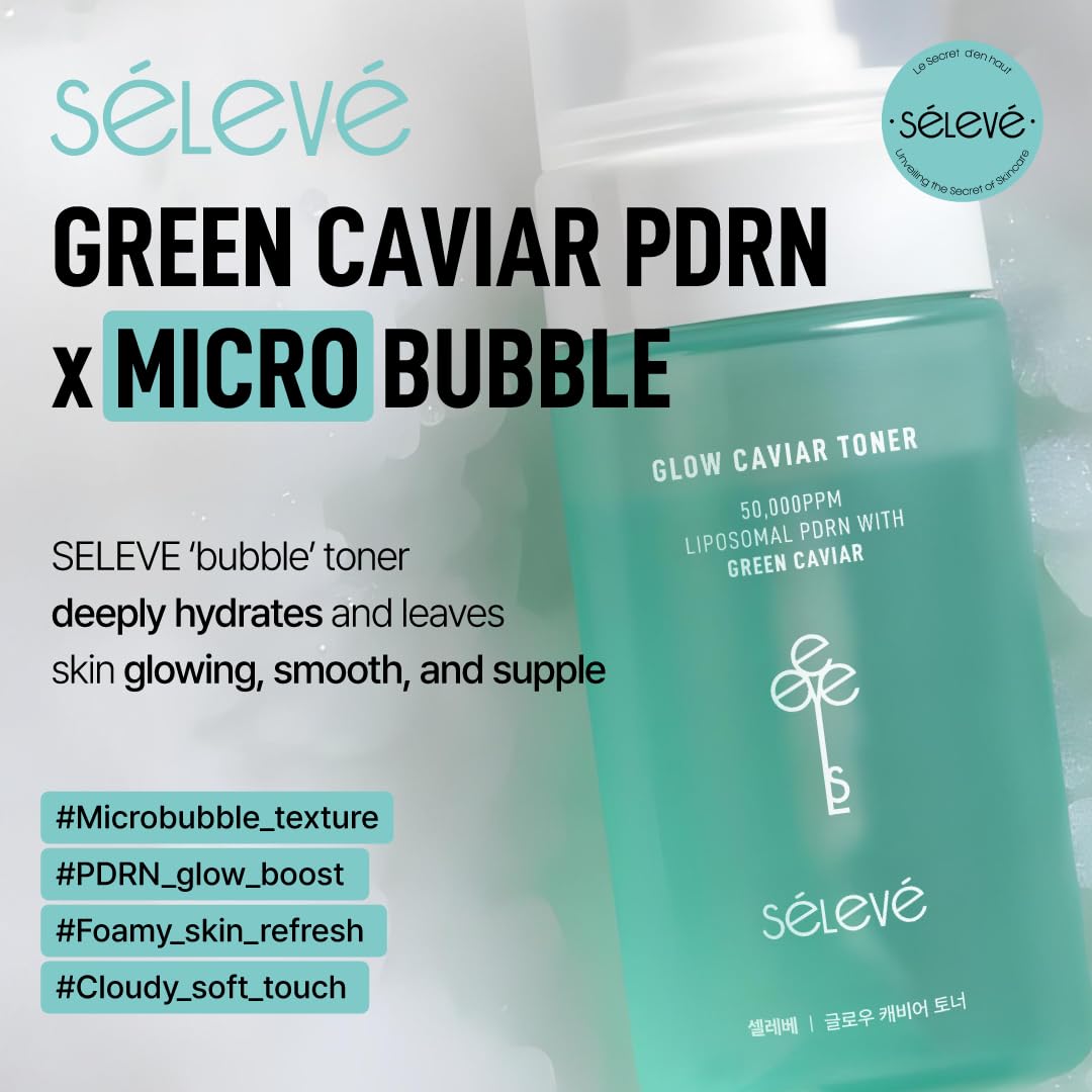 SELEVE Glow Caviar Bubble Toner – Hydrating & Glow Face Toner with Green Caviar Liposomal, Niacinamide, Panthenol & Ferulic Acid, Sensitive & Dry Skin, Korean Skin Care (3.38 fl.oz / 100ml)
