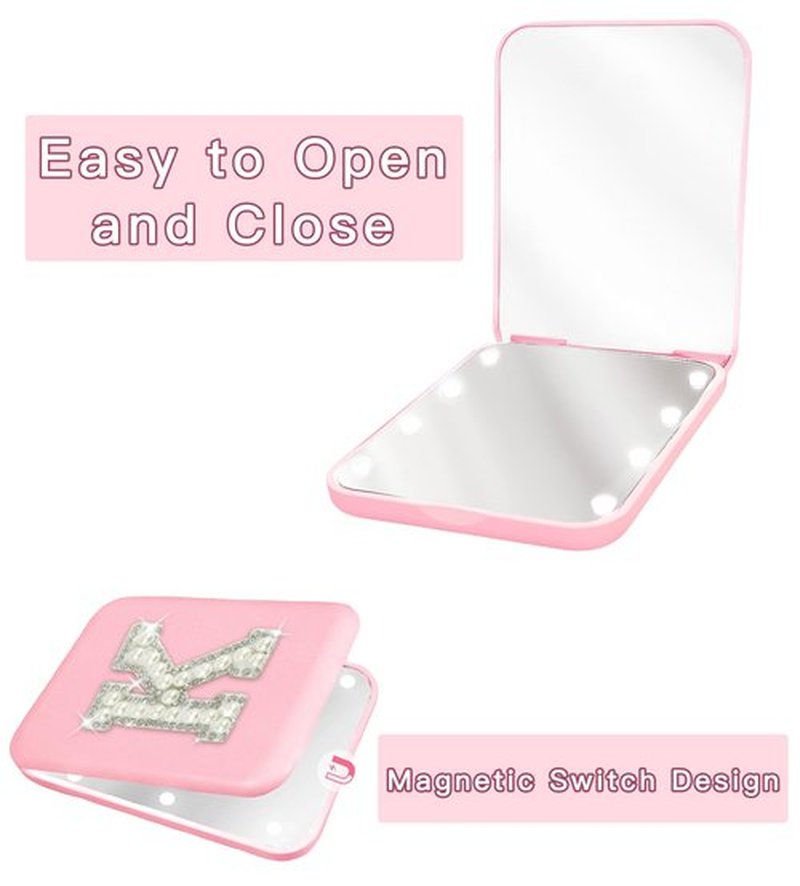 Aganmi Small Travel Makeup Mirror with Lights Pearl Initial 1X/2X Magnification LED Pocket Mirror Cute Pink Folding Compact Mirror Preppy Mom Sister Birthday Gifts Teen Girl Trendy Stuff (N)