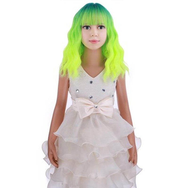 PATTNIUM Kids Child Neon Green Wig Short Curly Wavy Wig with Bangs Ombre Green Wig for Girls Lime Green Wig Synthetic Wigs for Cosplay Costume Party with Wig Cap