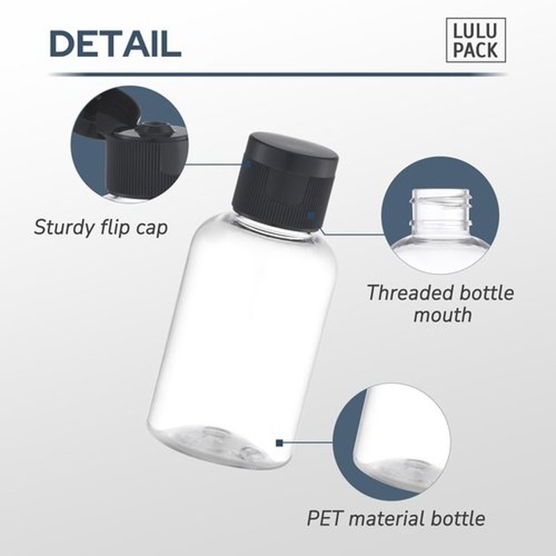 Lulupack Travel Bottles for Toiletries, 50ml/1.6oz Plastic Small Travel Size Containers for Shampoo (9pcs, Black Caps)
