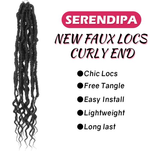 SERENDIPA Boho Faux Locs Curly End, 18 Inch Long Pre-Looped Soft Crochet Goddess Locs Synthetic Hair (6 Packs, 1#, Black)