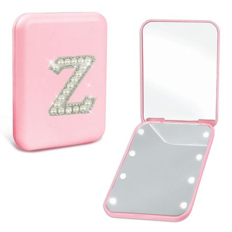 Aganmi Personalized LED Pocket Mirror Pearl Letter 1X/2X Magnification Small Travel Makeup Mirror with Lights Pink Compact Mirror Folding Mirror Gifts Travel Essentials for Women Teen Girl (Z)