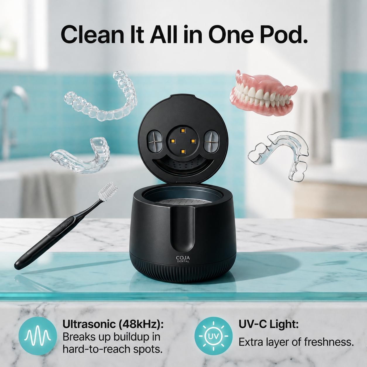 COJA Dental Cleansing Pod PRO + UV | Rechargeable Ultrasonic Retainer Cleaner Machine | 48kHz Ultrasonic Dental Pod for Mouthguard, Dentures & Aligners | 3 Cleaning Modes | Tablets Included