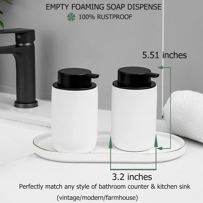 Foaming Soap Dispenser - Thick Ceramic Liquid Pump Bottle Set | 2 Pack White for Bathroom & Kitchen
