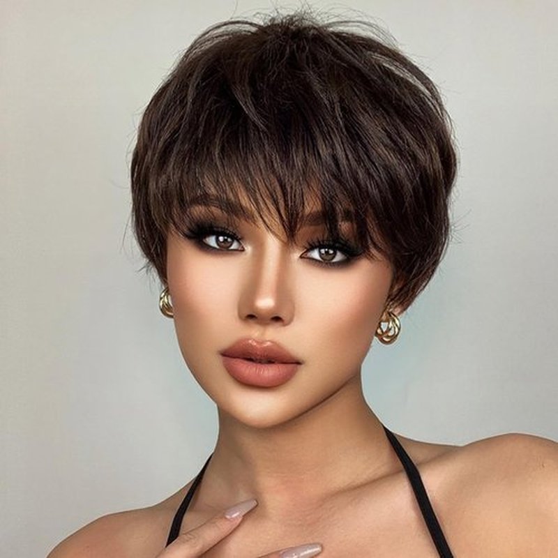 BERON Black Pixie Cut Wig for Women Black Pixie Cut Bob Wig Short Straight Pixie Cut Wig with Bangs Synthetic Heat Resistnat Halloween Cosplay Daily Use