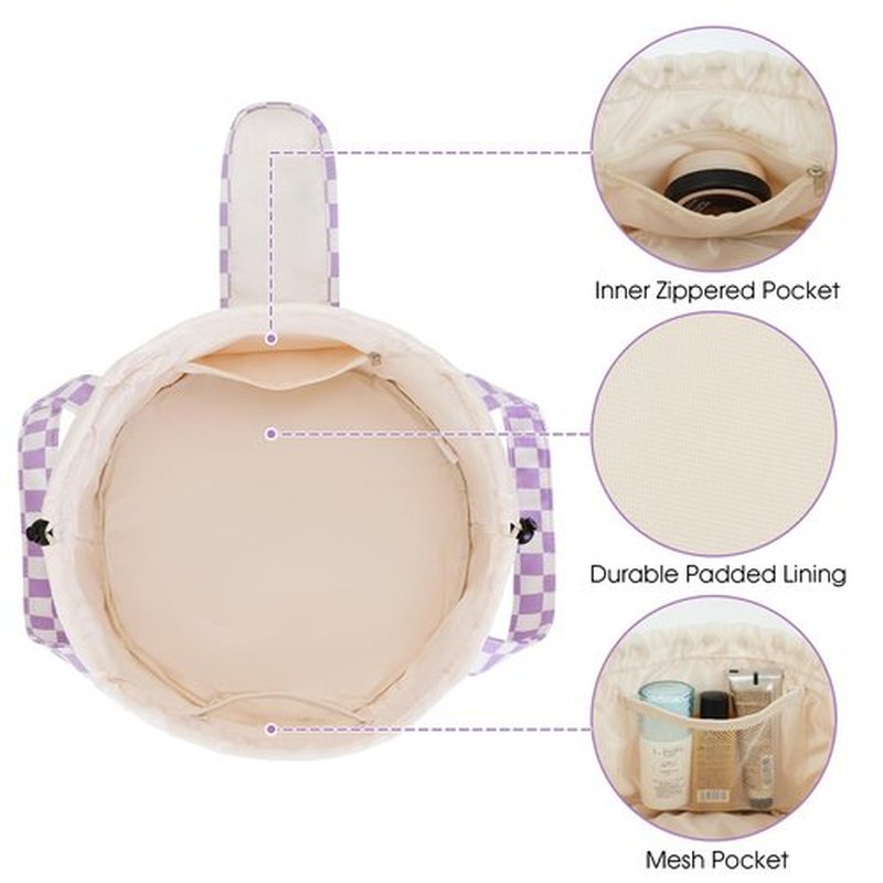 Barrel Drawstring Checkered Makeup Bag Large Cosmetic Bag Make up Bags Toiletry Organizer for Women (Purple Checkerboard) (Patent)