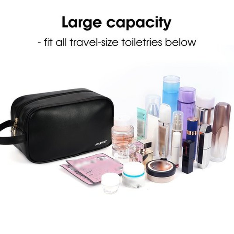 Narwey Vegan Leather Travel Toiletry Bag for Women and Men Traveling Dopp Kit Makeup Bag Organizer for Toiletries Accessories Cosmetics (P-Black)