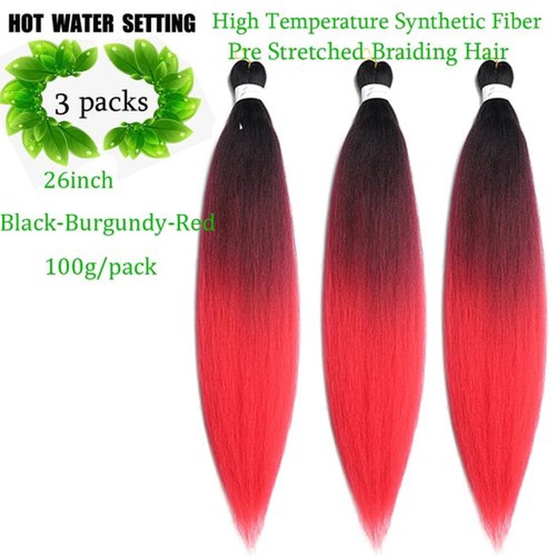Pre Stretched Braiding Hair 26 Inch 3packs High Temperature Synthetic Fiber Braiding Hair Pre Stretched Hot Water Setting for Braids Soft Yaki Texture (26inch,Black-Burgundy-Red)