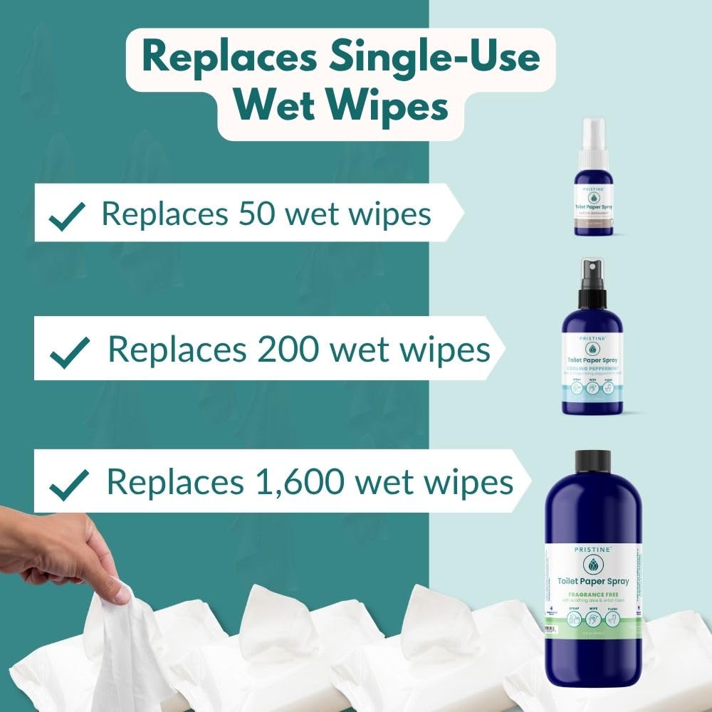 PRISTINE Toilet Paper Spray, As Seen on Shark Tank, Flushable Wipe Alternative, Personal Cleansing Bathroom Spray for Regular Toilet Tissue, Bidet Alternative, Made in USA, Original, 4oz Bottle
