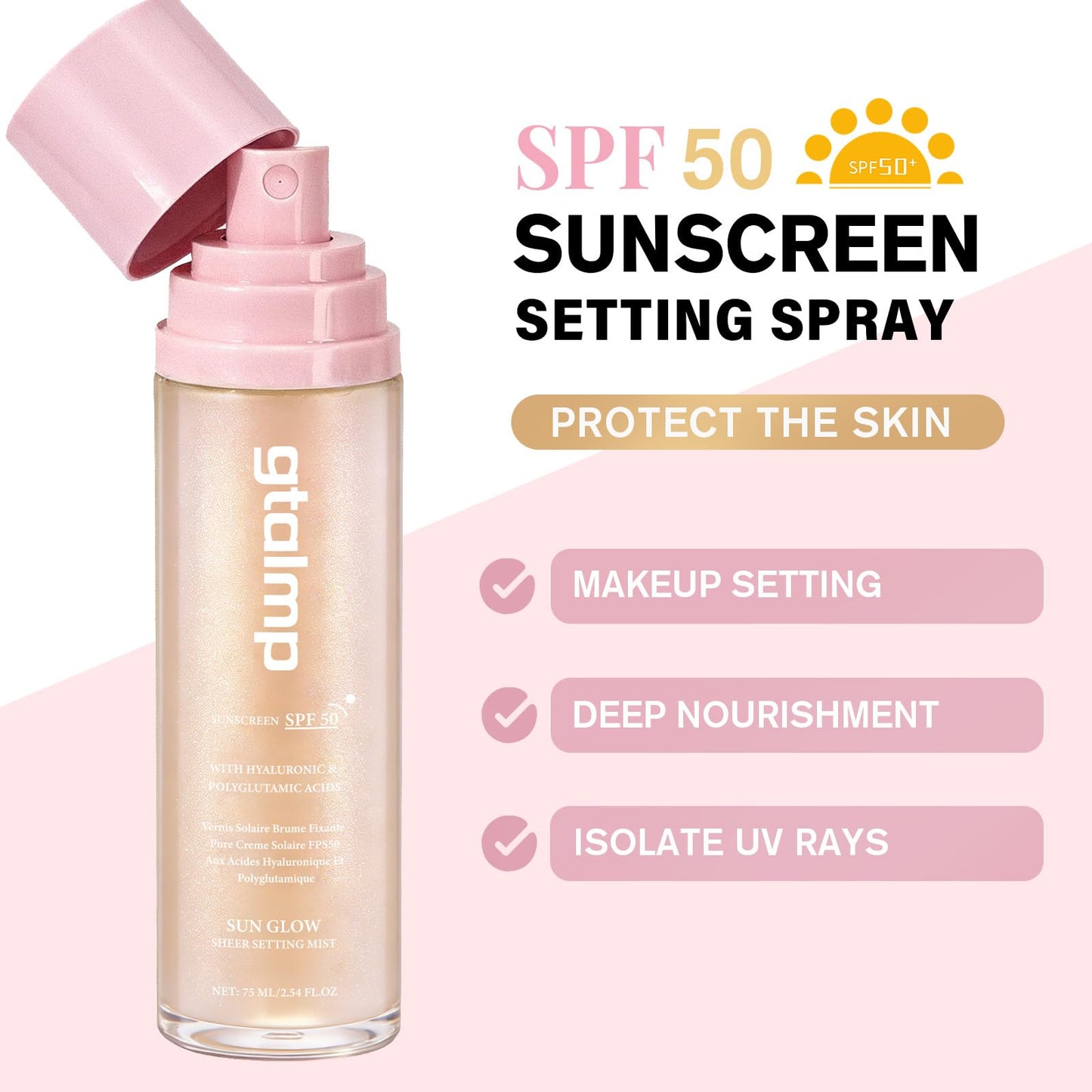 Glitter Sunscreen Spray SPF 50, Sheer Face & Body Setting Mist, 2.54 fl oz