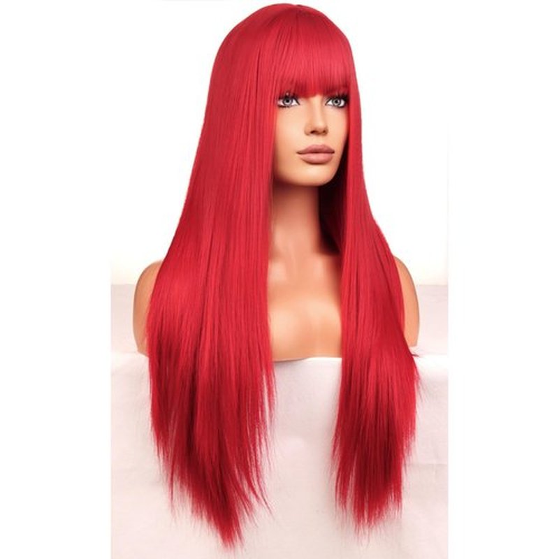 BERON Red Wigs Straight Long Hair Wigs with Bangs Women Fashion Heat Resistant Synthetic Natural Looking Wig for Cosplay Party or Daily Use