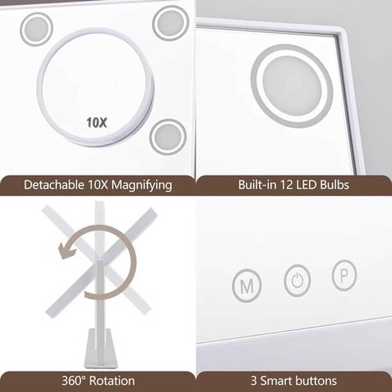 SLIMOON Lighted Makeup Mirror, 17"x 14" Hollywood Vanity Mirror with 12 LED Bulbs, 3 Color Lights, and Detachable 10X Magnification Mirror, 1000mAh Rechargeable, Touch Control, 360°Rotation (White)