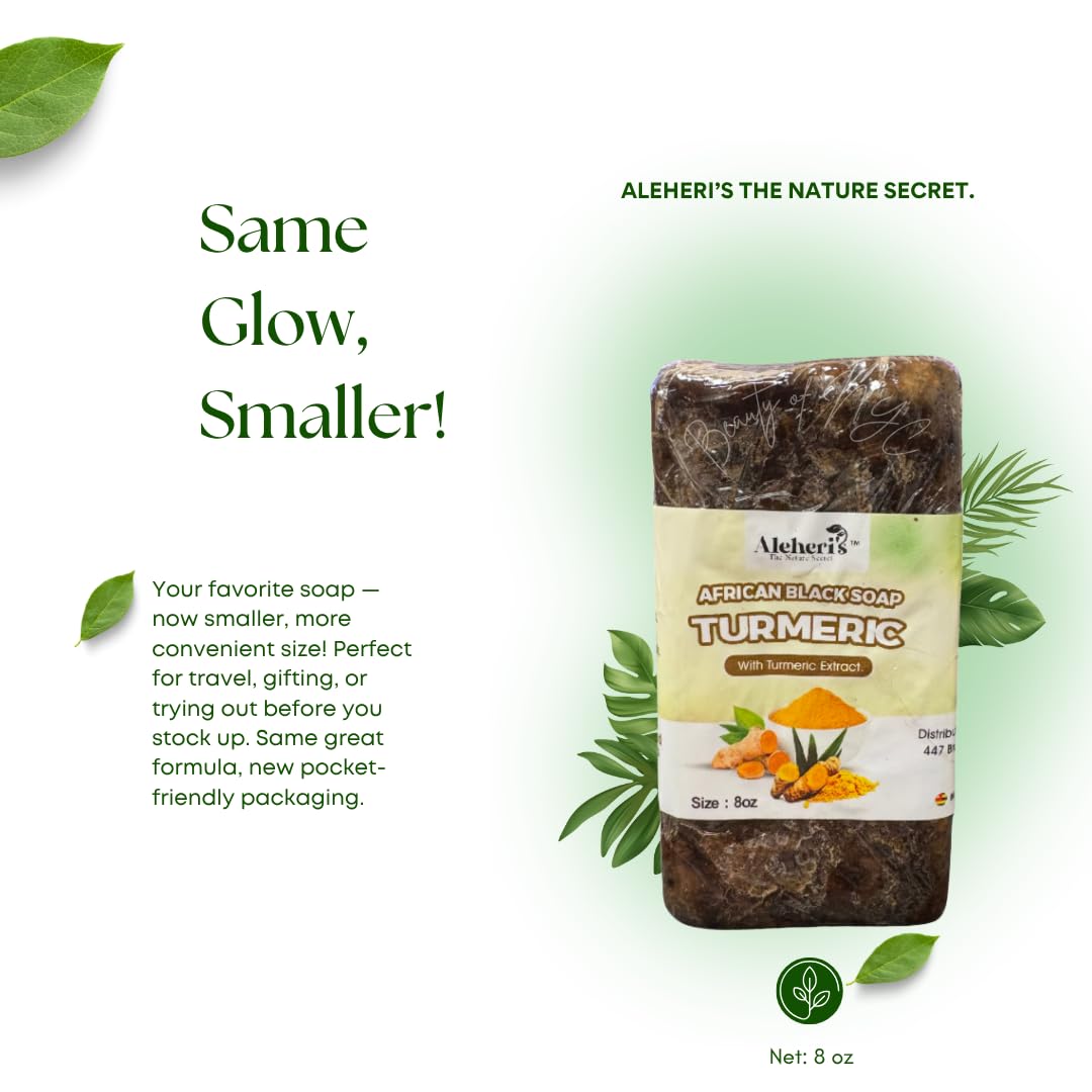 Aleheri's African Black Soap Turmeric 8 oz-100% All Natural, Raw Ingredients, For All Skin Types, Helps Rejuvenate, Aids Against Dark Spots, Eczema, Stretch Marks on Face&Body (1, 8 Ounce (Pack of 1))