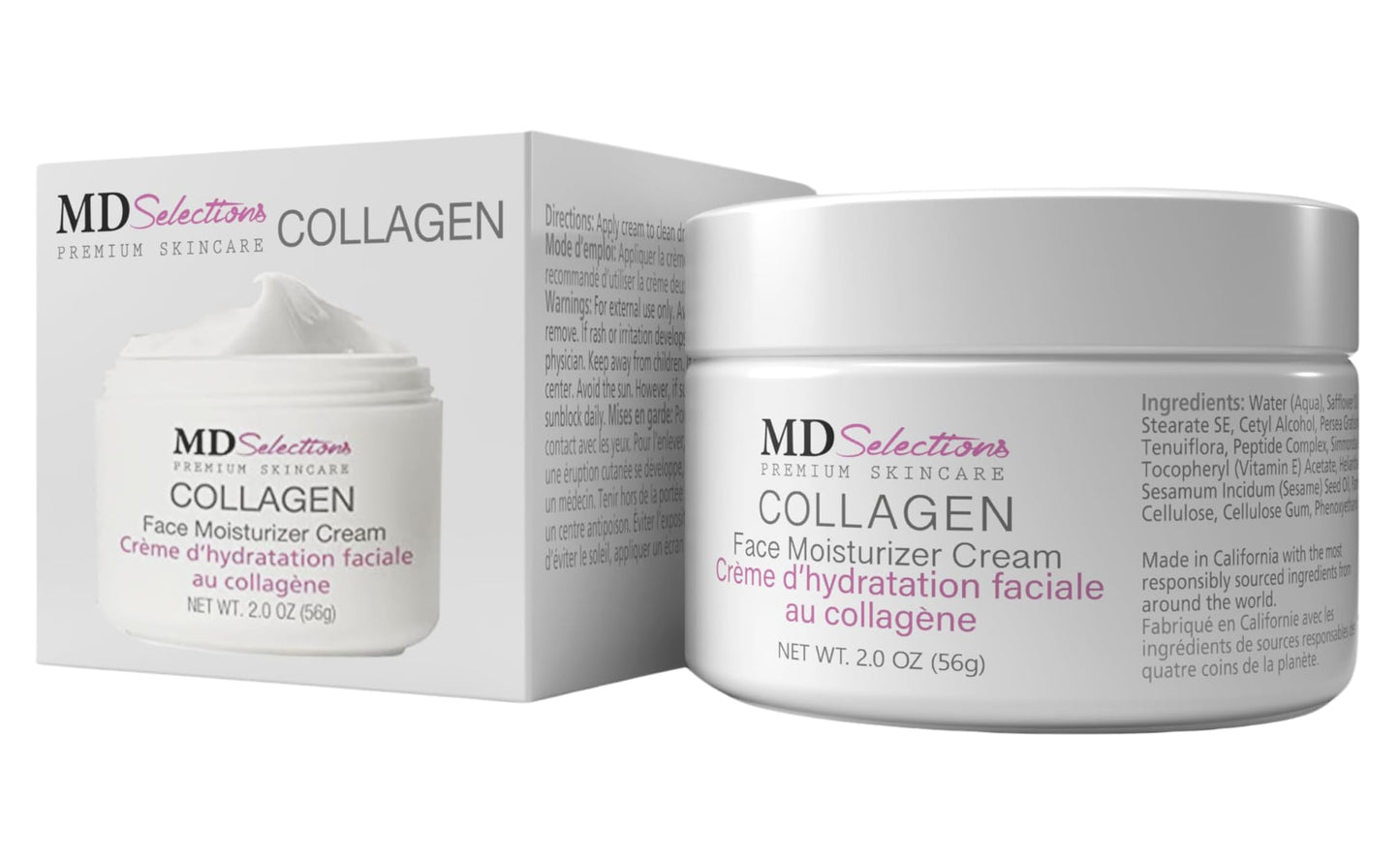 MD Selections Collagen Facial Cream, Face Moisturizer Cream for Dry Skin Vegan Anti Aging Crème d' hydratation faciale au collagène, Collagen Face Cream, 2 fl oz