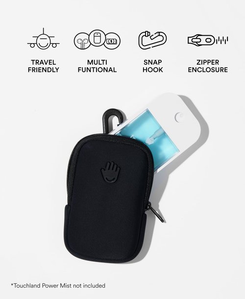 Touchland Touchette Zippered Pouch, Attachable Fashion Accessory with Snap Hook for Power Mist and Glow Mist 1FL OZ, Black