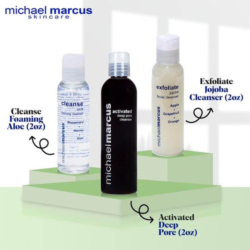 Michael Marcus 3 in-1 Try Me Cleansing Set with Jojoba Cleanser, Cleanse Foaming Aloe & Deep Pore Cleanser – Gentle Skin Purifying Facial Cleansers Gift for Men & Women of All Skin Type – 2 Fl oz Each