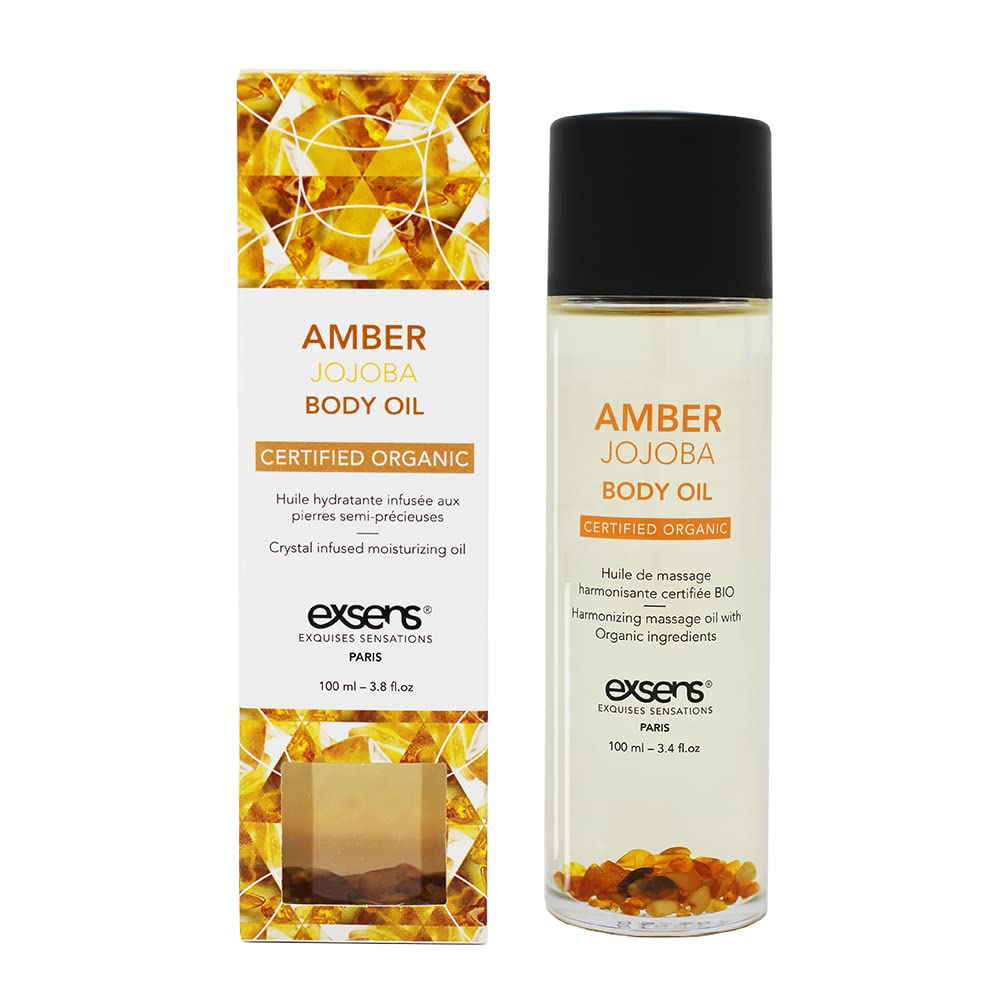 EXSENS Amber Jojoba Crystal Body Oil, Certified Organic Moisturizing Oil for Skin & Hair, Real Amber Crystals in Every Bottle, Vegan, Paraben-Free, GMO-Free, Cruelty-Free, Natural Scent, 3.8 fl oz