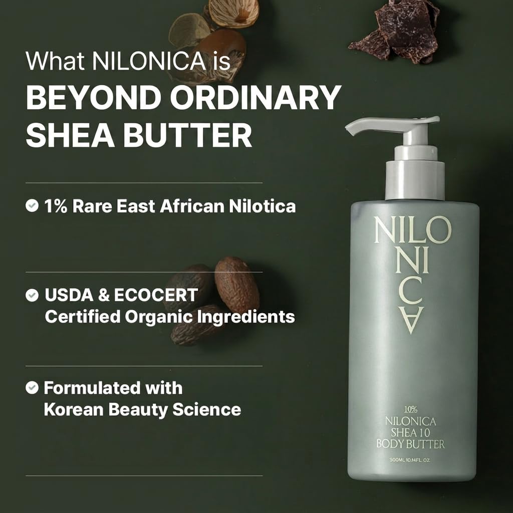 NILONICA Shea 10 Body Butter | 100,000ppm Organic Nilotica Shea Butter | Deep Hydration & Skin Barrier Support | Fast-Absorbing, Non-Greasy Daily Moisturizer | Korean Botanical Skincare | 10.14 Fl Oz