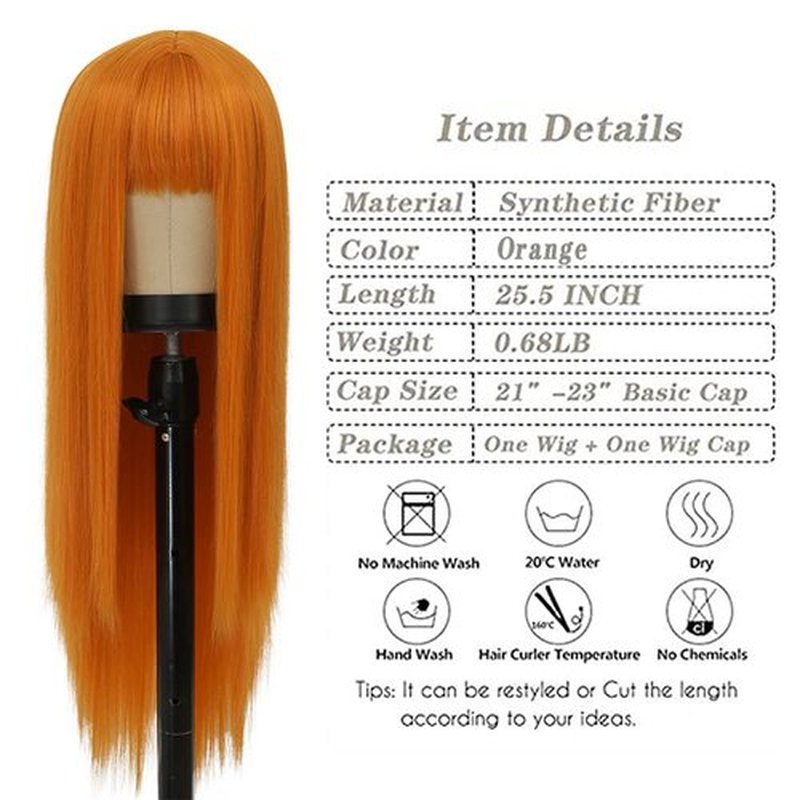 Kaneles Orange Long Straight Wigs for Women with Bangs Heat Resistant Synthetic Fiber Hair Cosplay Party Wigs