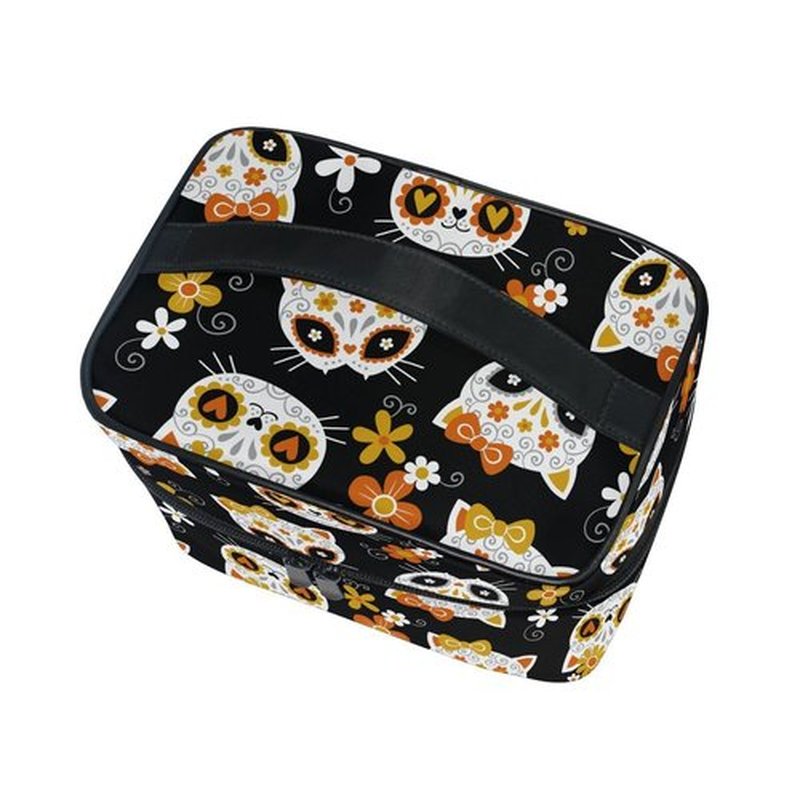 Cosmetic Bag Cat Sugar Skulls Flowers Travel Makeup Organizer Bag Portable Train Case for Women Girls