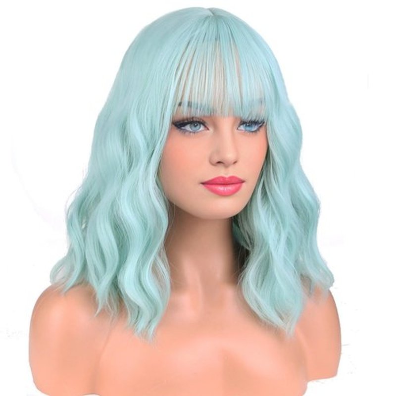 BERON 14 Inches Mint Green Wig Short Curly Wig with Bangs Green Wig Women Girl's Charming Wig Mint Green Wig Synthetic Wig with Wig Cap