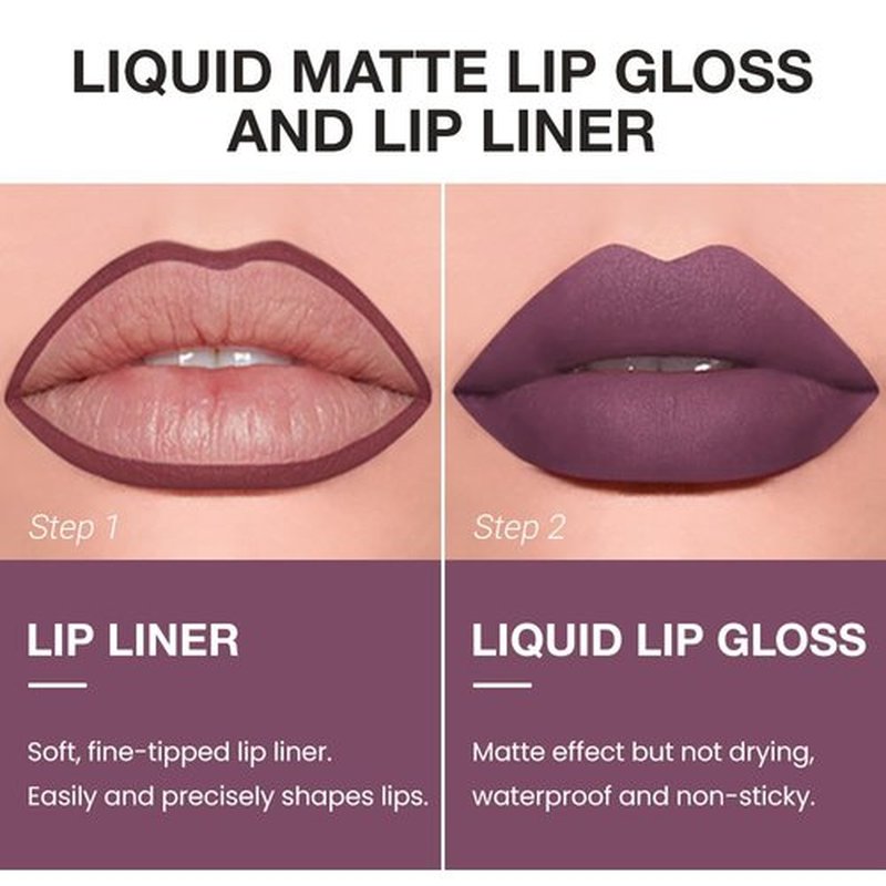 JUAAZIN 1Pcs Lip Liner Pencils and 1 Pcs Lip Gloss Makeup Set, Old Mauve Matte Rich Lip Colors Liner Crayon Liquid Lipstick for Sculpting Lips, Long-Lasting Waterproof Longwear Smudge-Proof 06#