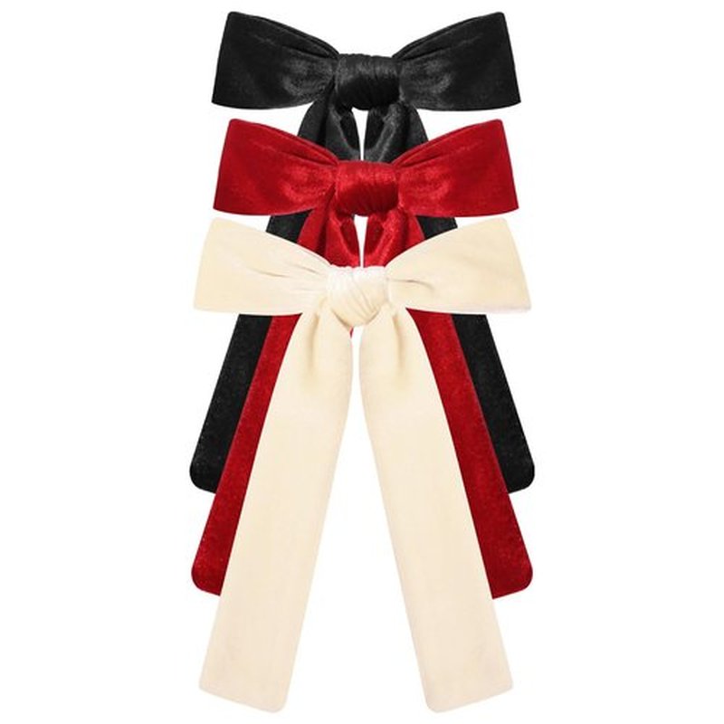 CEELGON 3 PCS Long Tail Velvet Hair Bows Hair Bow Set for Toddler Girls Long Ponytail Knot Bows Alligator Clip Hair Accessories for Girls and Women (Beige, Red, Black)
