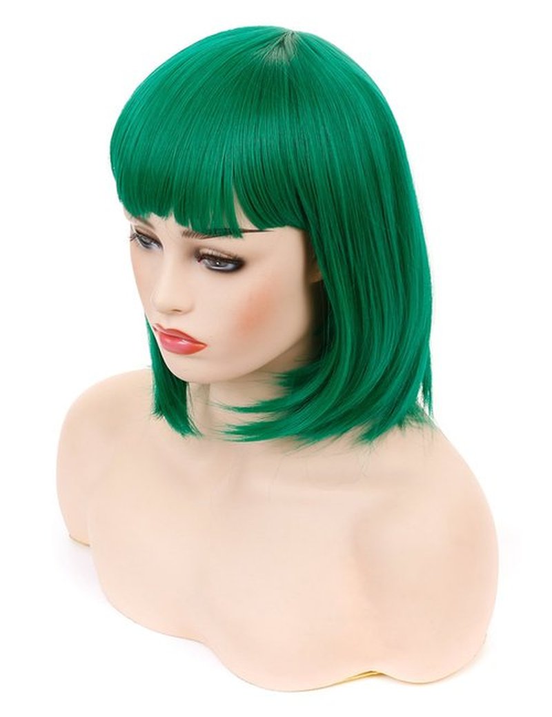 morvally Short Straight Neat Bangs Bob Wigs Natural Looking Synthetic Hair Wig for Cosplay Costume Halloween (12 inches Green)