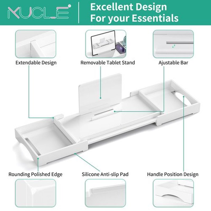Kucle Expandable Acrylic Bathtub Tray - 18-32 Inches Bath Caddy Tray for Bathtub, Luxury Bath Tub Tray Table for Home Spa, Bath Tray for Tub, Bathroom Tub Accessory Birthday Gift for Her (White)