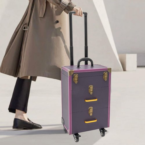 Rolling Makeup Case with Drawers&4 Wheel, Cosmetic Case Trolley, Make Up Suitcase Cosmetic Trolley, Portable Multifunction Makeup Suitcase, Jewelry Travel Cosmetic Train Case (Purple+Bronze Color)