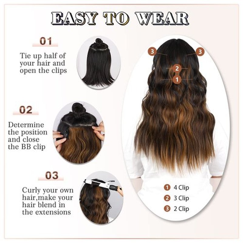 QGZ Clip in Long Wavy Hair Extensions Synthetic 4 PCS Thick Hairpieces for Women 20 Inch Long Fiber Hair Extension for Daily Party Use (Ash Brown Mix Blonde)