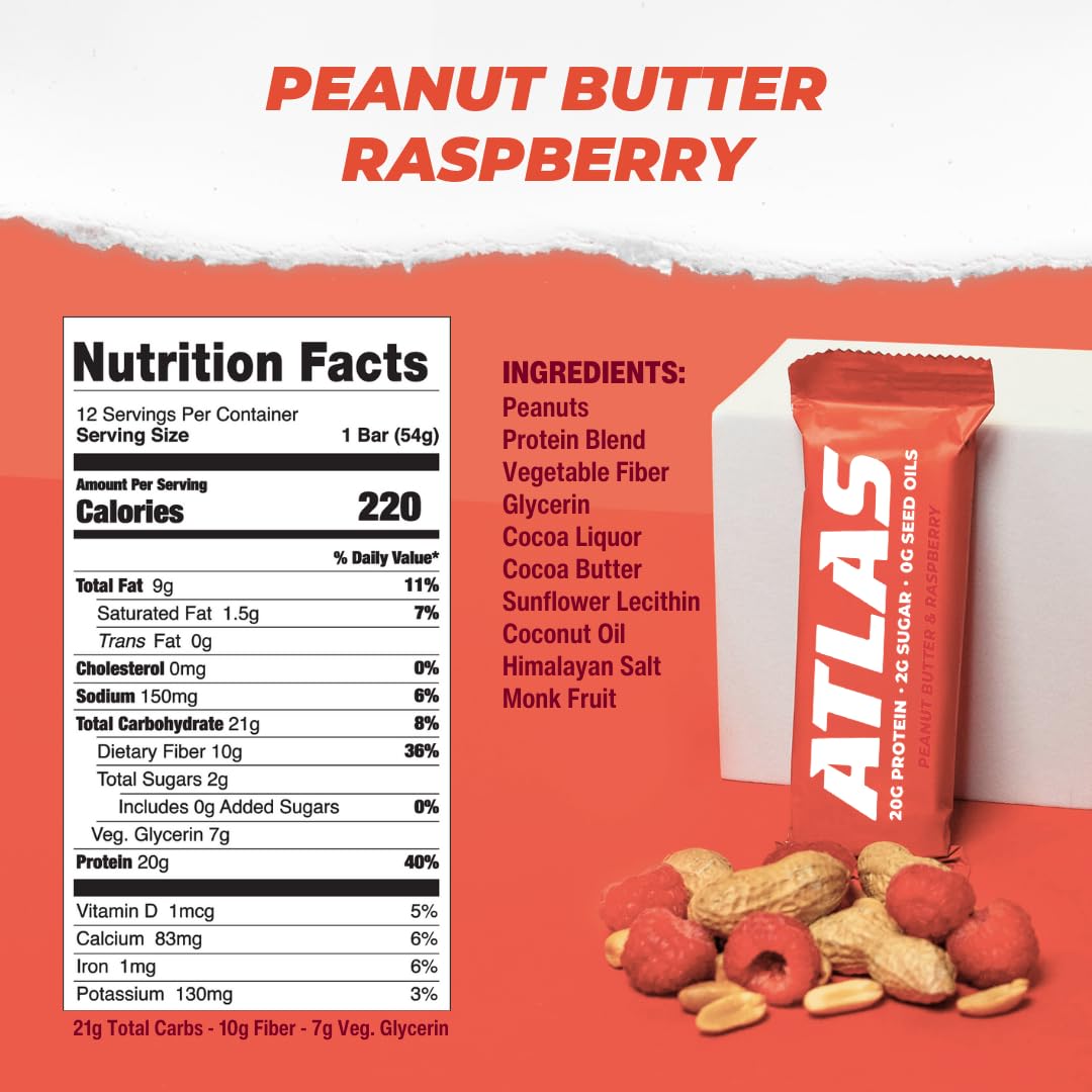 Atlas Real Food Protein Bar – 20g Protein, 10g Fiber, 1g Sugar, No Seed Oils, No Artificial Sweeteners (Variety, 4 Count)