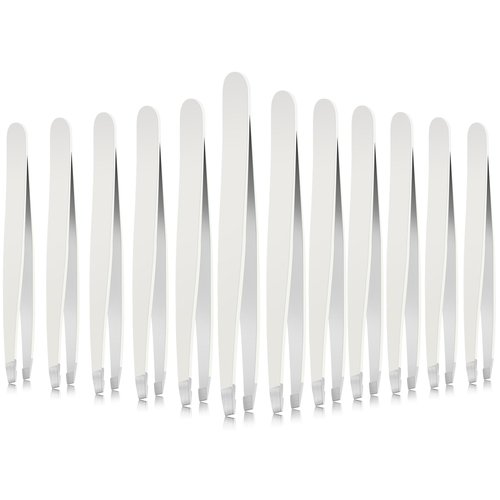 12 Pieces Eyebrow Tweezers Stainless Steel Slant Tip Tweezers Facial Hair Eyebrow Precision Tweezers for Men and Women (White)